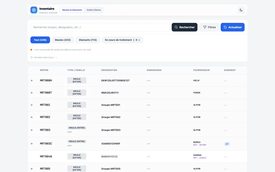 Interface de l'application d'inventaire : tableau des meules et diamants avec recherche, filtres et compteurs par catégorie.