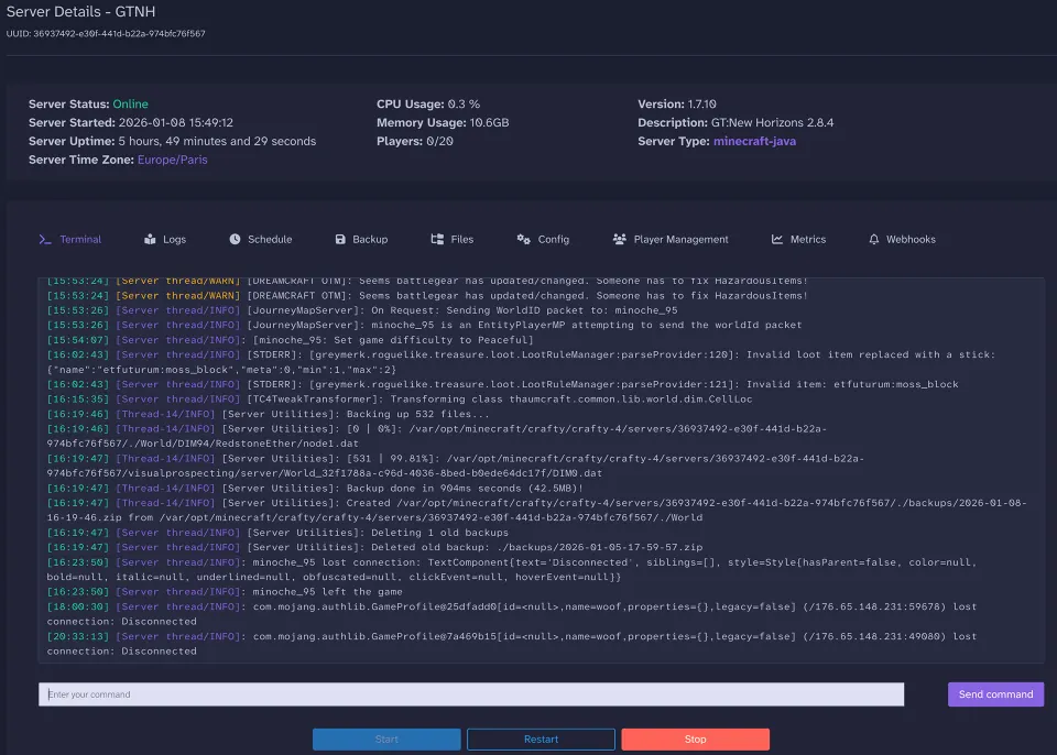 Console d'administration du serveur auto-hébergé : gestion des instances, consommation CPU et mémoire en temps réel.