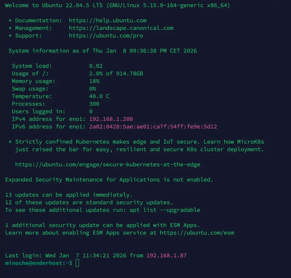 Session SSH sur le serveur : connexion par clé publique et état des services système.
